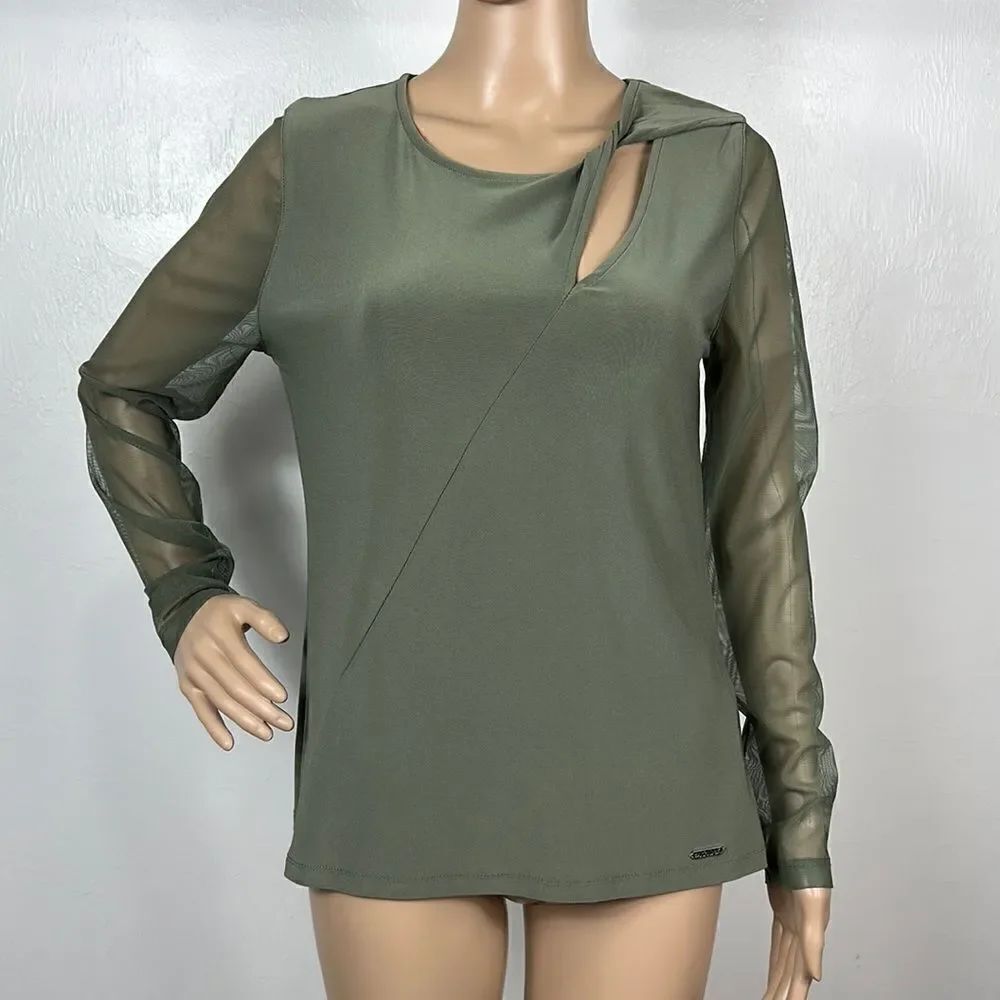 DKNY Light Fatigue Color Mesh Long Sleeves Keyhole Top Size M
